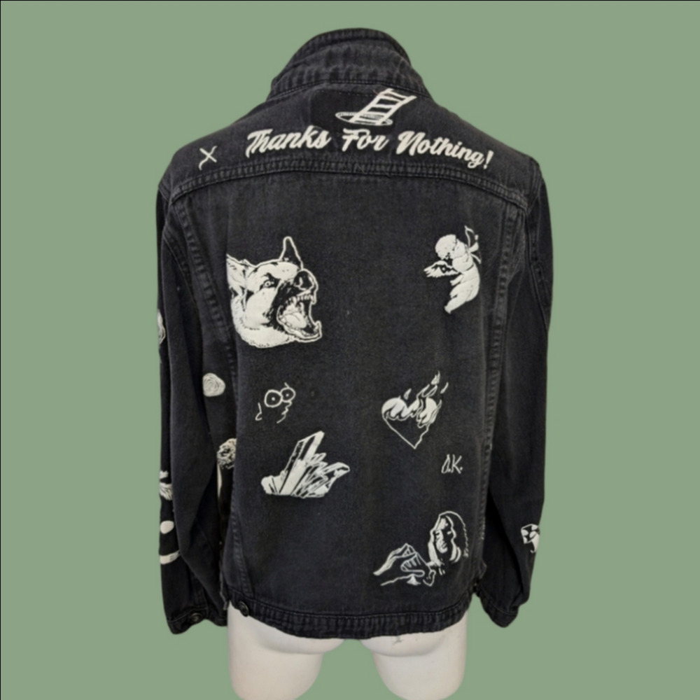 Denim Jacket Black Distressed Graphic Goth Grunge Whimsy Oversized Size M